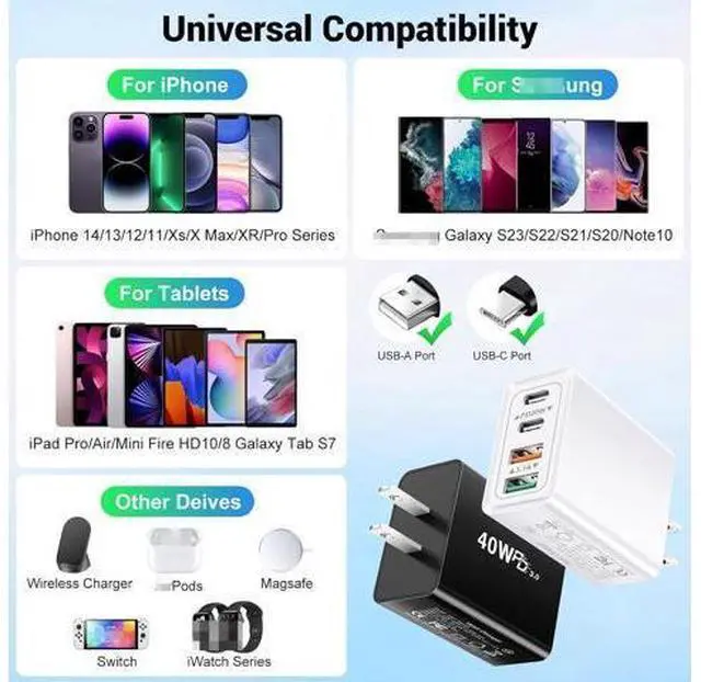 Alt view image 5 of 7 - 2 Pack USB C Wall Charger, 4 Port USB C and QC3.0 Fast Charger Block, 40W Dual USB C Dual USB-A Charger Plug Phone Charging Cube Compatible with i-Phone 15 14 13 12 Pro Max, XS/XR/X, i-Pad,S23 S22..