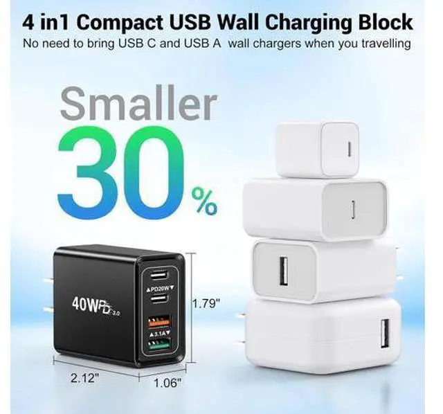 Alt view image 7 of 7 - 2 Pack USB C Wall Charger, 4 Port USB C and QC3.0 Fast Charger Block, 40W Dual USB C Dual USB-A Charger Plug Phone Charging Cube Compatible with i-Phone 15 14 13 12 Pro Max, XS/XR/X, i-Pad,S23 S22..