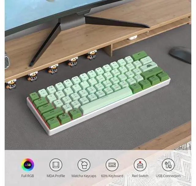 Alt view image 6 of 7 - 60 Percent Gaming Keyboard Green Matcha Keyboard 61 Keys Wired Mechanical Keyboard Red Switch RGB MDA Keycaps for Windows PC Laptop Gamers(61 Matcha)