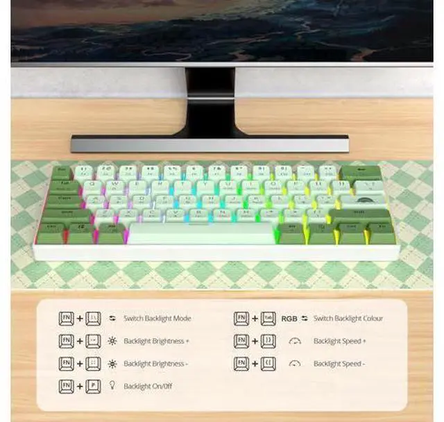 Alt view image 4 of 7 - 60 Percent Gaming Keyboard Green Matcha Keyboard 61 Keys Wired Mechanical Keyboard Red Switch RGB MDA Keycaps for Windows PC Laptop Gamers(61 Matcha)