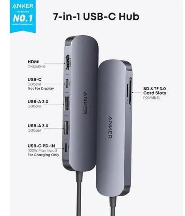 Alt view image 2 of 6 - USB C Hub 7-in-1 Multi-Port USB Adapter for Laptops 4K@60Hz USB C to HDMI Splitter 85W Max Power Delivery 3xUSBA & C 3.0 Data Ports SD/TF Card for Type C Devices (Charger Not Included)