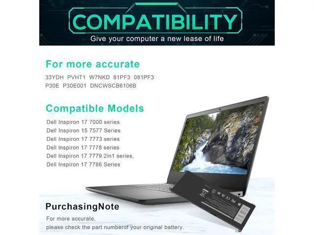 Alt view image 6 of 7 - ASUNCELL 56WH 33YDH Battery Dell for Dell Inspiron 17 7000 7786 7779 7773 7778 G3 3579 3779 G5 5587 G7 7588 15 7577 Latitude 13 3380 14 3490 15 3590 3580 99NF2 PVHT1 P72F P30E 81PF3 081PF3 P30E001