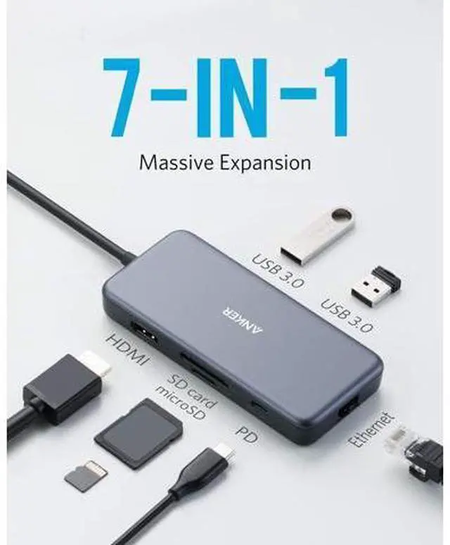 Alt view image 2 of 7 - USB C Hub 7-in-1 USB C Adapter with 4K HDMI 60W Power Delivery 1Gbps Ethernet 2 3.0 Ports SD and microSD Card Readers for MacBook Pro and Other Laptops