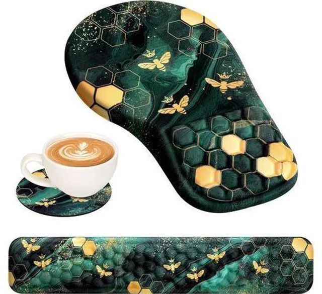 Main image of 3 in 1 Ergonomic Mousepad and Keyboard Wrist Rest Mouse Pad with Wrist Support Massage Design Keyboard Wrist Rest and Mouse Pad Set for Home Office (Green Bee)