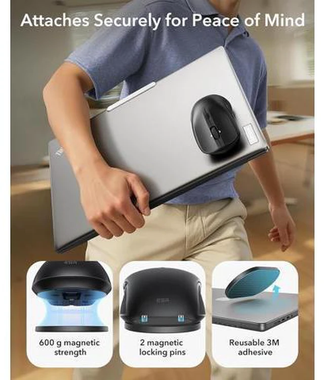 Alt view image 4 of 7 - MagMouse Snap-to-Carry Bluetooth Mouse Rechargeable Wireless Mouse for Laptop with Built-in Charging Cable Reusable Adhesive Holder BT 5.0 + 2.4 GHz Connectivity Silent Ergonomic Black