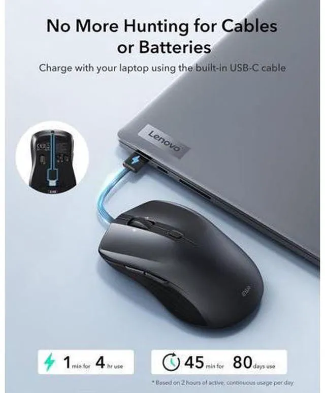 Alt view image 6 of 7 - MagMouse Snap-to-Carry Bluetooth Mouse Rechargeable Wireless Mouse for Laptop with Built-in Charging Cable Reusable Adhesive Holder BT 5.0 + 2.4 GHz Connectivity Silent Ergonomic Black