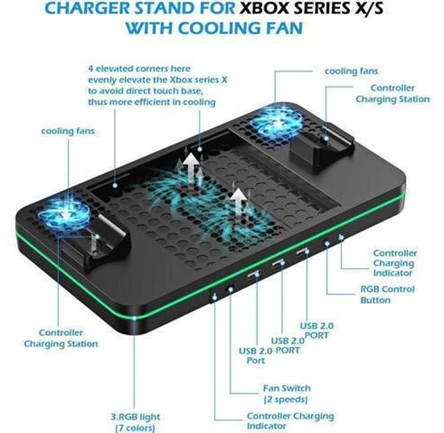 Alt view image 2 of 7 - Cooling Fan for Xbox Series X/S, Controller Charging Station with 2 X 1100 mAh Rechargeable Battery Packs, Cooling Stand Dual Controller Charging Dock with RGB LED Light, 3 USB Ports for Xbox Series X