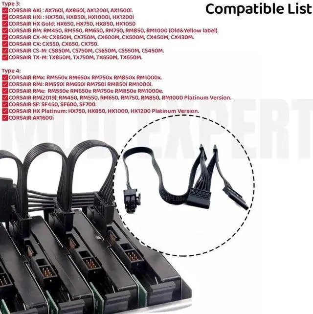 Alt view image 6 of 6 - 6Pin to 4x SATA Straight SSD HDD Power Cable for CORSAIR 1500W 1200W 1000W 850W 750W 650W 550W 500W 450W Type 3 & 4 Modular PSUs