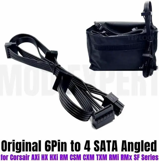 Alt view image 4 of 6 - Original New 6Pin to 4 SATA Angled HDD SSD Power Cable for CORSAIR HX750i HX850i HX1000i HX1200i Modular PSU 18AWG 50+15+15+15CM