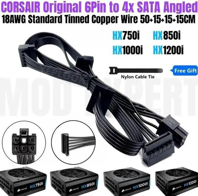 Main image of Original New 6Pin to 4 SATA Angled HDD SSD Power Cable for CORSAIR HX750i HX850i HX1000i HX1200i Modular PSU 18AWG 50+15+15+15CM
