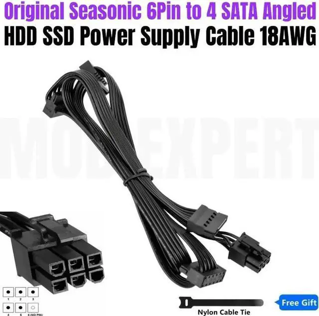 Alt view image 5 of 6 - Original Seasonic 6Pin to 4x SATA Angled SSD HDD Modular Power Cable for PRIME, FOCUS, Platinum, CORE, M12II EVO, SnowSilent PSU