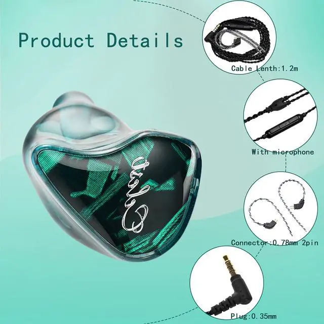 Alt view image 3 of 6 - 10mm LCP Liquid Crystal Polymer Dynamic Driver IEM Earphones,in Ear Monitor,Earbuds with Microphone,3.5mm inears Headphones,iems for Gaming Green with mic