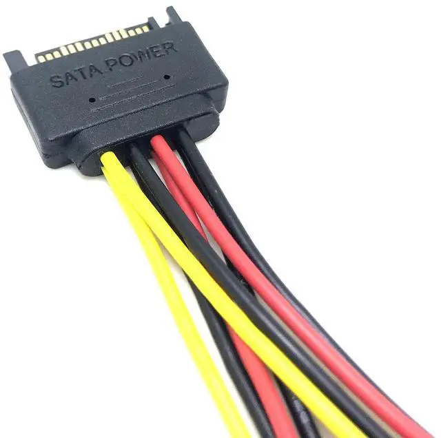 Alt view image 3 of 5 - SATA male connector divided into two SATA female power cables. SATA 15-pinmale connector rotates into two 15-pin female connectors with two split clipsat the end.