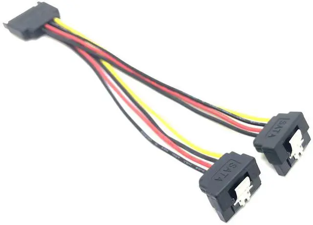 Main image of SATA male connector divided into two SATA female power cables. SATA 15-pinmale connector rotates into two 15-pin female connectors with two split clipsat the end.