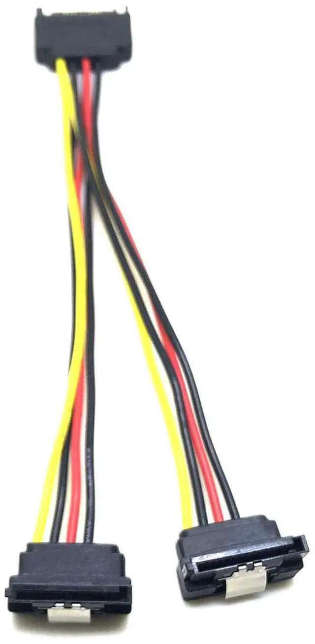 Alt view image 4 of 5 - SATA male connector divided into two SATA female power cables. SATA 15-pinmale connector rotates into two 15-pin female connectors with two split clipsat the end.