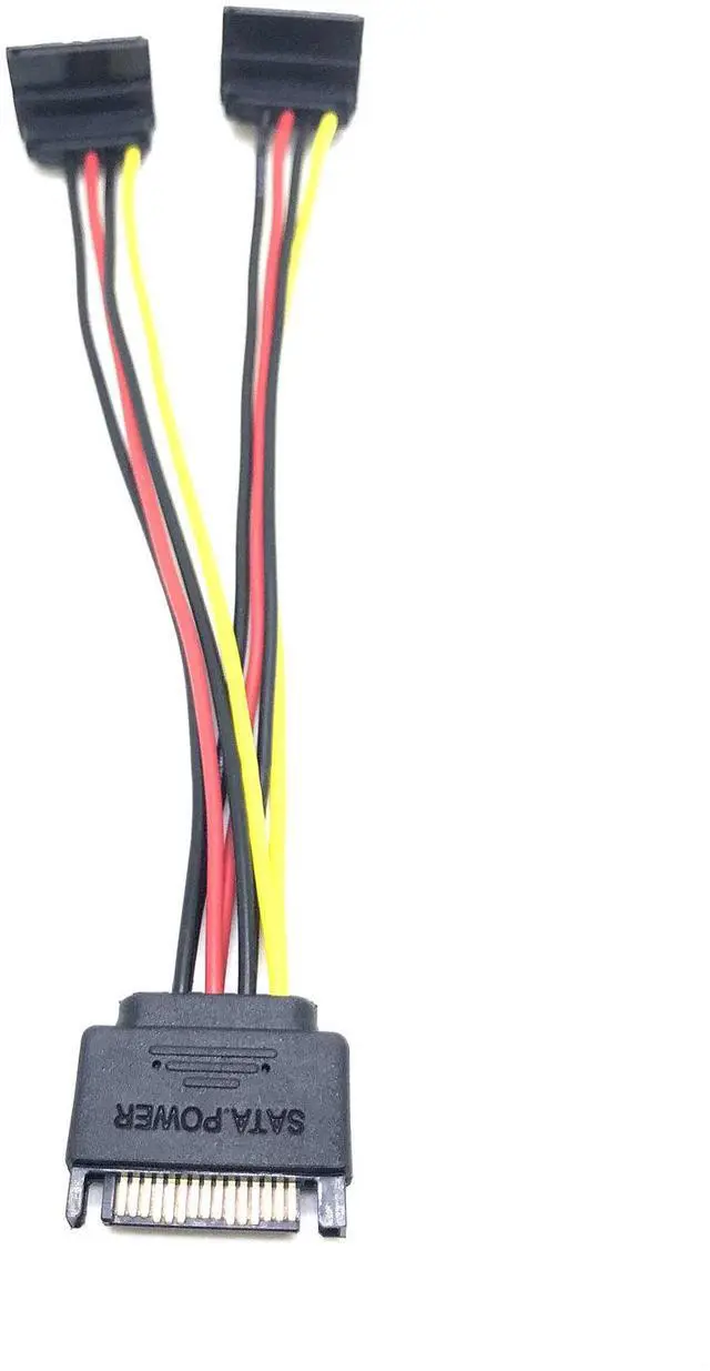 Alt view image 5 of 5 - SATA male connector divided into two SATA female power cables. SATA 15-pinmale connector rotates into two 15-pin female connectors with two split clipsat the end.