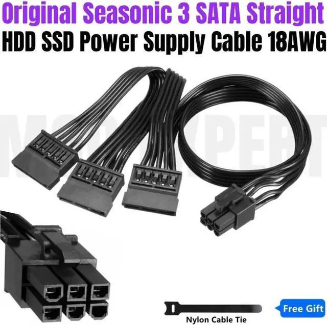 Main image of 3 SATA Straight SSD HDD Power Cable for Seasonic PRIME Platinum 1600W, 1300W, 1200W, 1000W, 850W Modular Power