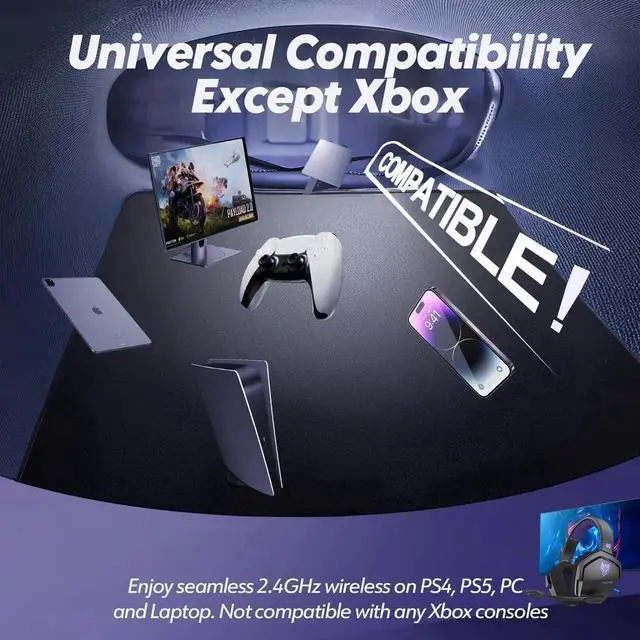 Alt view image 3 of 7 - G06 Dual Wireless Gaming Headset with Microphone for PS5, PS4, PC - 23ms Low Latency Audio - 100-Hour of Playtime - 50mm Drivers (Black-Purple)