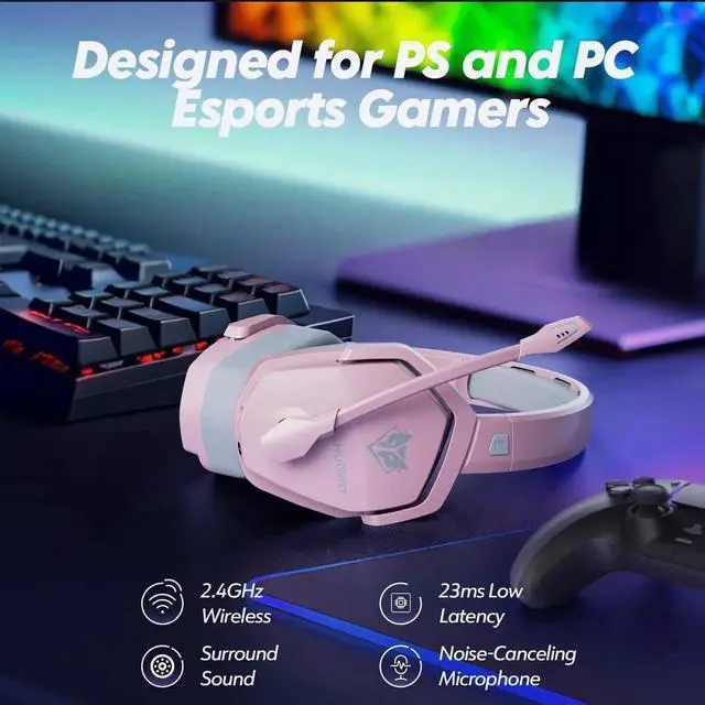 Alt view image 3 of 7 - G06 Dual Wireless Gaming Headset with Microphone for PS5, PS4, PC - 23ms Low Latency Audio - 100-Hour of Playtime - 50mm Drivers  Pink