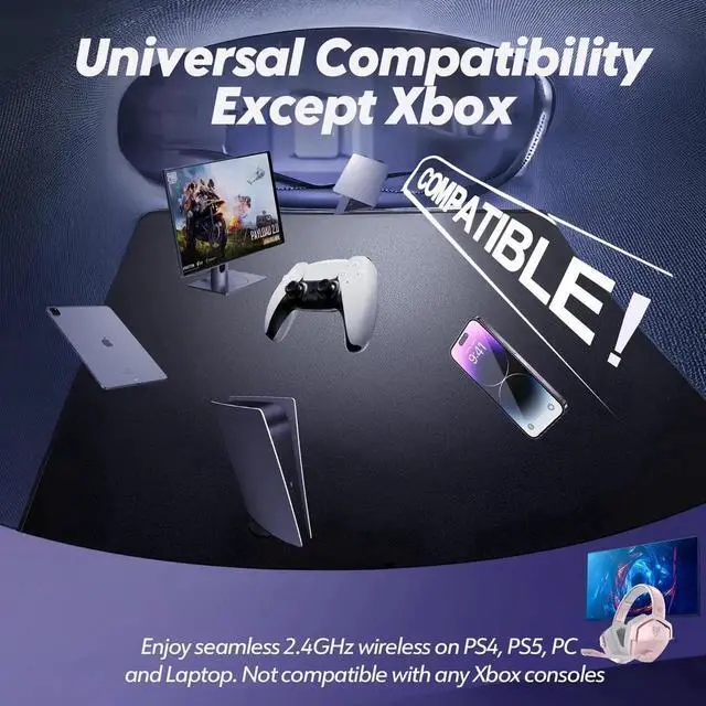 Alt view image 7 of 7 - G06 Dual Wireless Gaming Headset with Microphone for PS5, PS4, PC - 23ms Low Latency Audio - 100-Hour of Playtime - 50mm Drivers  Pink