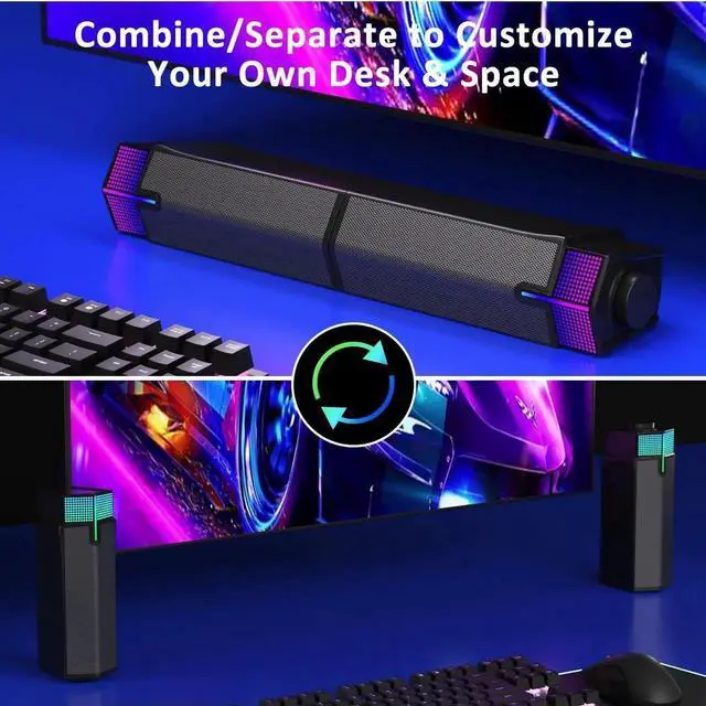Alt view image 6 of 6 - Bluetooth Computer Speakers for PC Desktop Monitor, Gaming PC Sound Bar - Wired USB-Powered, Superb Stereo Sound, with Gradient LED Lighting - Combine/Separate to Customize Your Desk