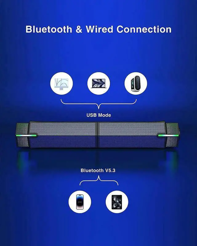 Alt view image 3 of 6 - Bluetooth Computer Speakers for PC Desktop Monitor, Gaming PC Sound Bar - Wired USB-Powered, Superb Stereo Sound, with Gradient LED Lighting - Combine/Separate to Customize Your Desk