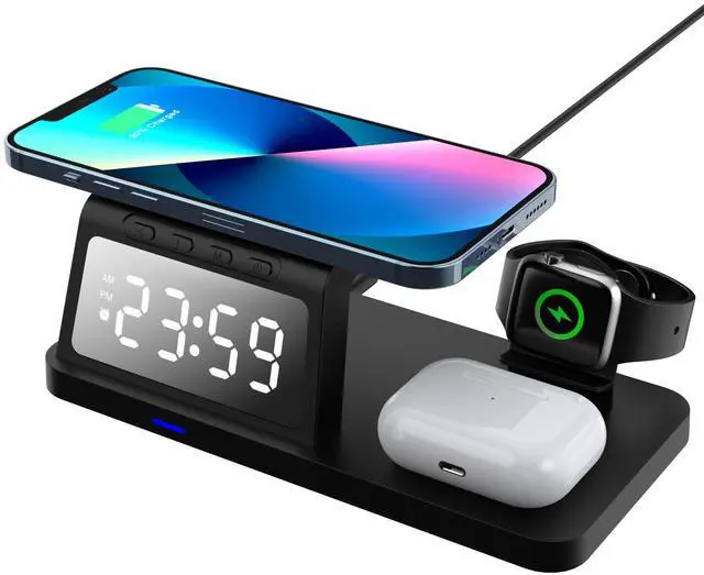 Alt view image 3 of 3 - New model private mobile phone wireless charger with multi-functionfast charging 15W clock alarm watch TWS headphones charging