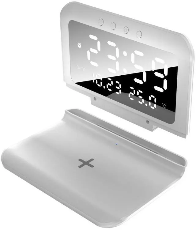 Alt view image 3 of 3 - Desktop digital temperature clock alarm clock creative detachable10W/15W wireless fast-charging mobile phone multi-functional charger white