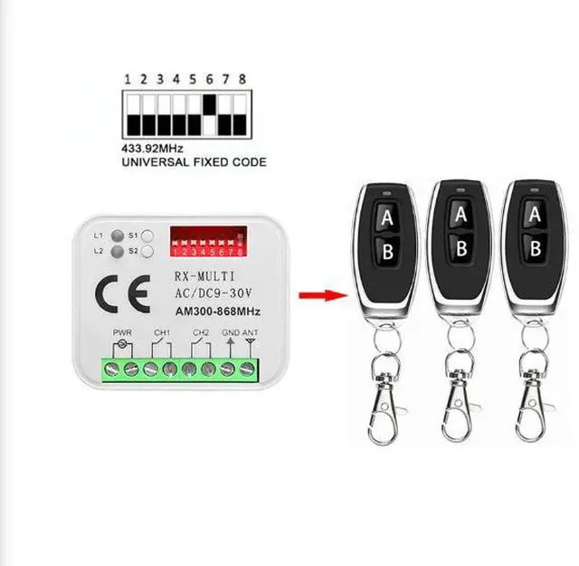 Main image of 300-900 MHz Multi-frequency Receiver RX-MULTl Access Control Door switch Controller Universal Bidirectional on/of switch The remote control switch comes with three remote controllers.