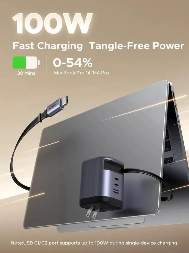 Alt view image 5 of 7 - UGREEN Nexode 100W GaN USB C Retractable Charger with Built-in Cable, 3-Port Fast Charging Wall Adapter for Laptop, MacBook Pro/Air, iPhone 17/16, Galaxy S25, Pixel, iPad, MatePad, DJI Drone
