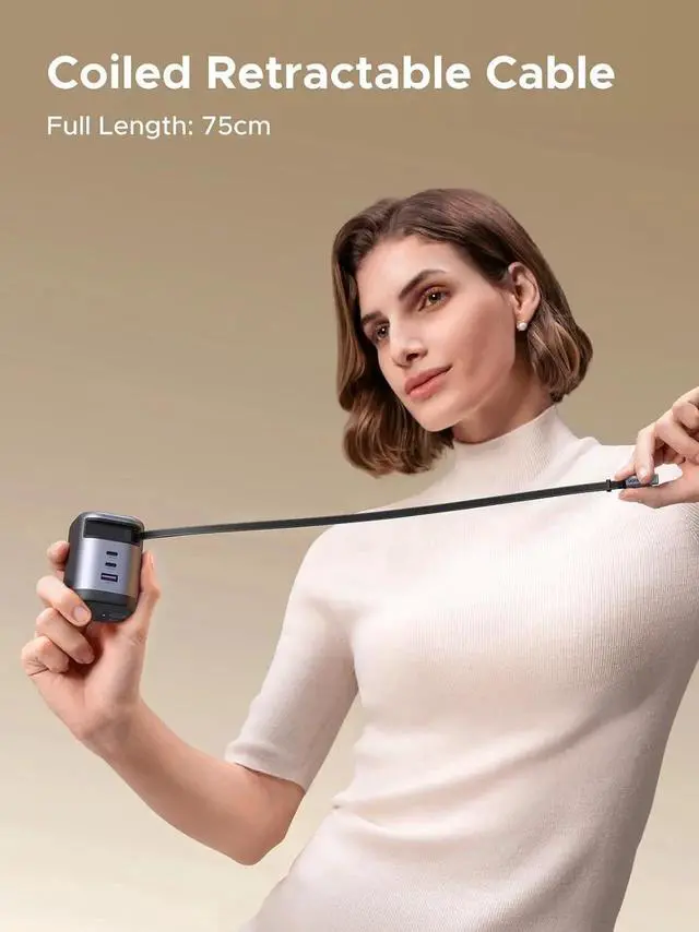 Alt view image 4 of 7 - UGREEN Nexode 100W GaN USB C Retractable Charger with Built-in Cable, 3-Port Fast Charging Wall Adapter for Laptop, MacBook Pro/Air, iPhone 17/16, Galaxy S25, Pixel, iPad, MatePad, DJI Drone