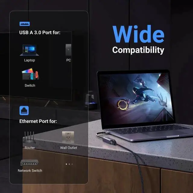 Alt view image 2 of 7 - UGREEN USB to Ethernet Adapter, Plug and Play Ethernet Adapter, Aluminium Shell, 1Gbps Gigabit RJ45 to USB 3.0 Network Dongle, Compatible with Nintendo Switch, Laptop, MacBook, Surface Pro, Windows