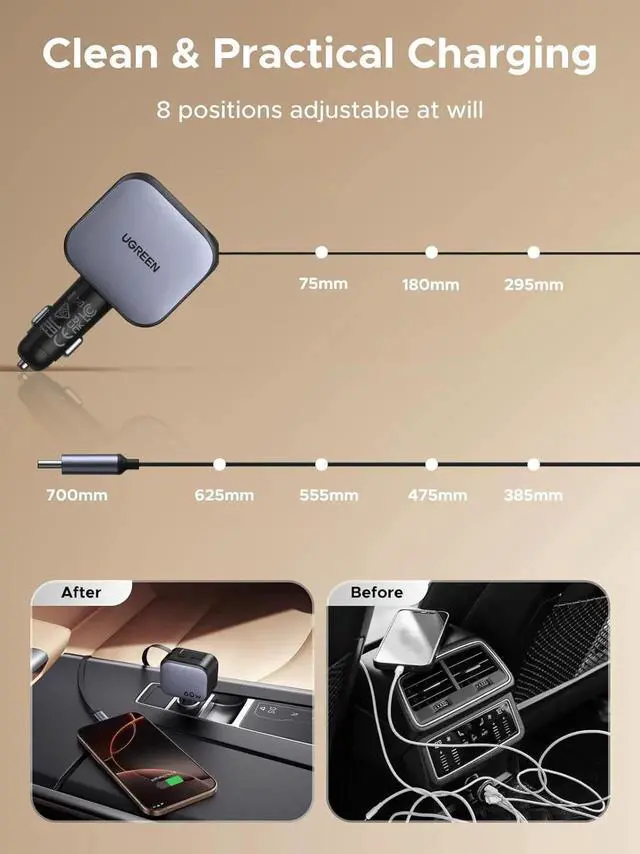 Alt view image 3 of 7 - UGREEN 60W 2C1A Car Charger with Retractable Cable, 3-Port Fast Charger with 30W PD USB-C, USB-A, Cigarette Lighter Adapter for iPhone 17/16/15, Galaxy S25/S24, iPad, GPS, 12V Car Accessories