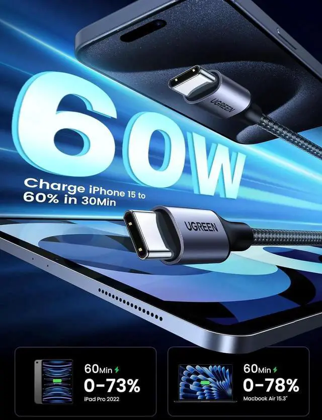 Alt view image 6 of 7 - UGREEN USB C to USB C Cable 3.3FT, 60W 2-Pack USB C Cable Nylon Braided Type C Cord for iPhone 17/16, Galaxy S25/S24/S22, Pixel 8/7, MacBook Air/Pro, Dell XPS, iPad Pro/Mini/Air, Switch, Steam Deck3FT