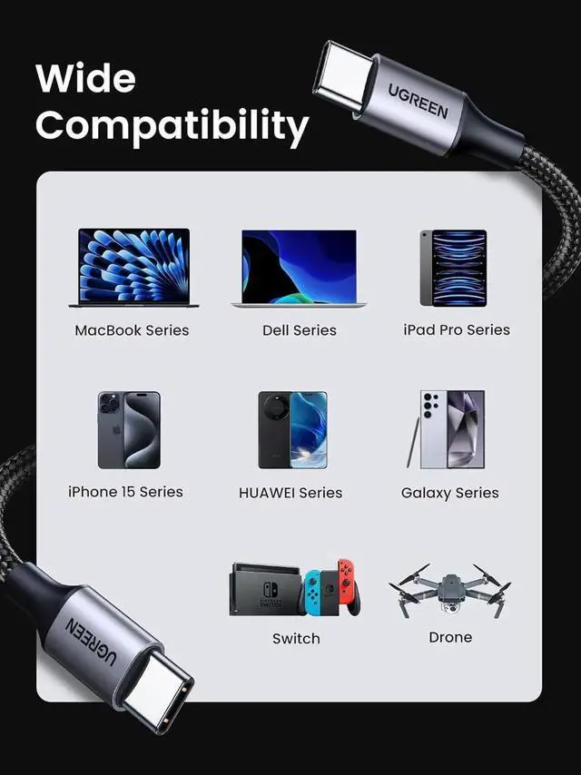 Alt view image 7 of 7 - UGREEN USB C to USB C Cable 3.3FT, 60W 2-Pack USB C Cable Nylon Braided Type C Cord for iPhone 17/16, Galaxy S25/S24/S22, Pixel 8/7, MacBook Air/Pro, Dell XPS, iPad Pro/Mini/Air, Switch, Steam Deck3FT