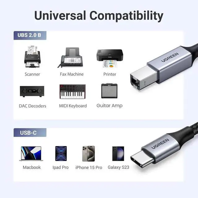 Alt view image 2 of 7 - UGREEN USB B to USB C Printer Cable 3 FT, Nylon USB B to USBC Cable for MacBook Pro/Air, MIDI Cable Compatible with MIDI Keyboard/DJ Controller/DAC/Yamaha Casio Digital Piano for iPad