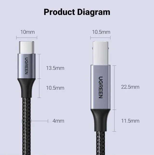 Alt view image 3 of 7 - UGREEN USB B to USB C Printer Cable 3 FT, Nylon USB B to USBC Cable for MacBook Pro/Air, MIDI Cable Compatible with MIDI Keyboard/DJ Controller/DAC/Yamaha Casio Digital Piano for iPad