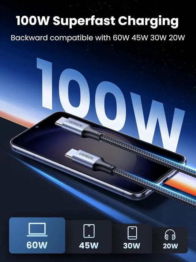 Alt view image 5 of 6 - UGREEN USB C to USB C Cable, 100W 2-Pack USB C Charger Cable for iPhone 17/17 Plus/17 Pro/17 Pro Max/16, MacBook Pro, iPad Pro, Dell XPS, Samsung Galaxy S25/S24/S23 Ultra, Switch, Pixel, 3.3FT Black