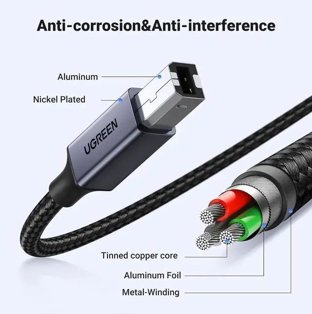 Alt view image 5 of 7 - UGREEN USB C 3 FT Printer Cable, Nylon USB B to C Cord for MacBook Pro/Air, MIDI Cable Compatible with MIDI Keyboard, DAC, DJ Controller for iPad Pro Black