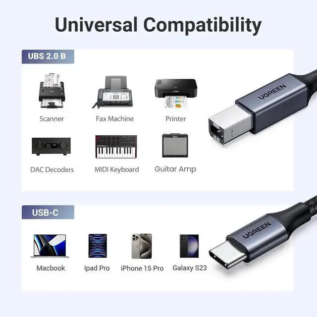 Alt view image 3 of 7 - UGREEN USB C 3 FT Printer Cable, Nylon USB B to C Cord for MacBook Pro/Air, MIDI Cable Compatible with MIDI Keyboard, DAC, DJ Controller for iPad Pro Black
