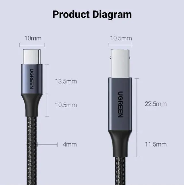 Alt view image 2 of 7 - UGREEN USB C 3 FT Printer Cable, Nylon USB B to C Cord for MacBook Pro/Air, MIDI Cable Compatible with MIDI Keyboard, DAC, DJ Controller for iPad Pro Black