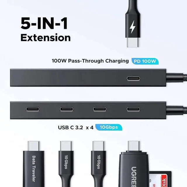 Alt view image 4 of 7 - UGREEN Powered 100W 10Gbps USB C Hub - 5 in 1 Adapter with 4 USB-C, 100W PD Ports for MacBook/Air, iPad Pro, iPhone, Surface, Laptops and More