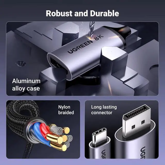 Alt view image 3 of 7 - UGREEN Bidirectional USB C to DisplayPort 1.4 Cable 8K@60Hz 4K@240Hz DisplayPort to USB C Thunderbolt 4 Cord Alu Braided Compatible iPhone 17 Pro Max, Galaxy S25, MacBook Pro/Air, iPad, XPS 17, 6.6FT