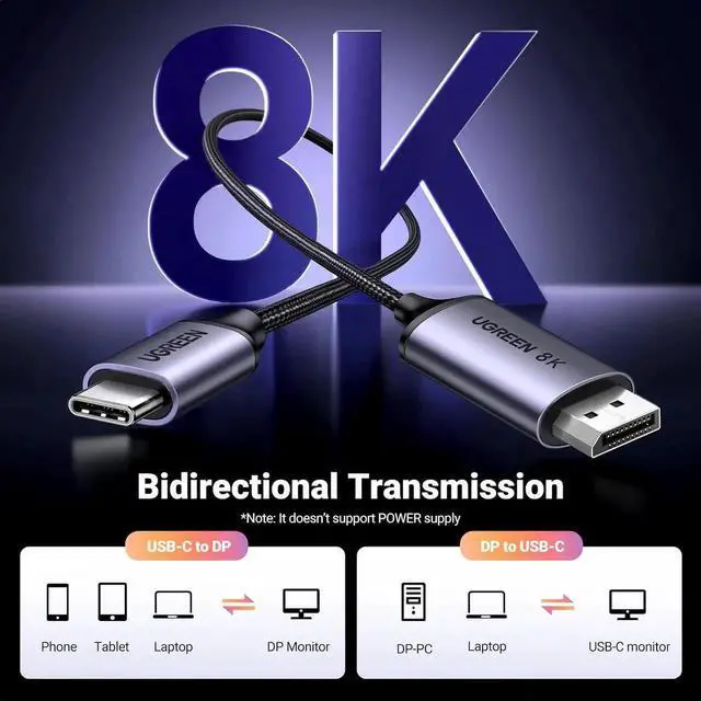 Alt view image 5 of 7 - UGREEN Bidirectional USB C to DisplayPort 1.4 Cable 8K@60Hz 4K@240Hz DisplayPort to USB C Thunderbolt 4 Cord Alu Braided Compatible iPhone 17 Pro Max, Galaxy S25, MacBook Pro/Air, iPad, XPS 17, 6.6FT