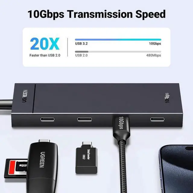 Alt view image 4 of 7 - UGREEN USB-C Hub 4-Port 10Gbps Data Only USB 3.2 Hub Multiport Adapter Compatible with MacBook Pro, MacBook Air, iPad Pro, iPad mini 6 and iPhone 15, Plug and Play 0.3ft Cable