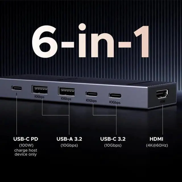 Alt view image 4 of 7 - UGREEN Revodok Pro USB-C Hub 6 in 1 10Gbps 4K 60Hz HDMI, 100W Power Delivery for MacBook Pro/Air, iPad Pro, Thinkpad Rog Ally and More.