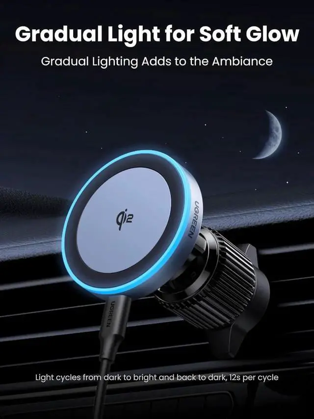 Alt view image 3 of 6 - UGREEN Qi2 Wireless Car Charger, 15W Fast Charging Strong Magnetic Car Phone Holder with LED Light for iPhone 17/16/15/14/13/12 Series Car Accessories