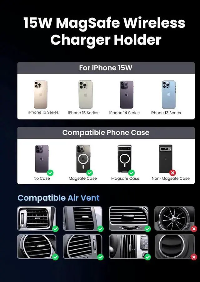 Alt view image 6 of 6 - UGREEN Qi2 Wireless Car Charger, 15W Fast Charging Strong Magnetic Car Phone Holder with LED Light for iPhone 17/16/15/14/13/12 Series Car Accessories