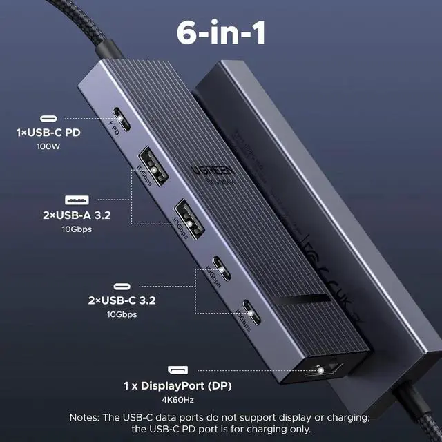 Alt view image 5 of 7 - UGREEN Revodok Pro 6 in 1 USB-C Hub to DisplayPort 4K 60Hz, 100W Power Delivery 10Gbps USB-A and USB-C 3.2 for MacBook Pro/Air, iPad Pro, Thinkpad, Rog Ally and More.