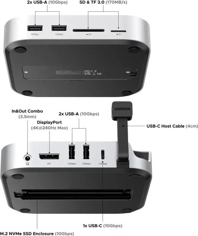 Alt view image 4 of 7 - UGREEN Mac mini M4 Dock and Stand DP Hub for Mac mini M4 and M4 Pro 2024 with M.2 NVMe SSD Enclosure, 4K144Hz DP,10G USB A/C, SD/TF, Audio